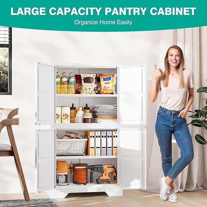 SISESOL White Storage Cabinet with 4 Doors and 2 Adjustable Shelves,Farmhouse Food Pantry Cabinets,Small Bathroom Cabinet,4 Tier Metal Storage Cabinets for Home Kitchen,Dining/Living/Laundry/Room-Ruum Studio Home