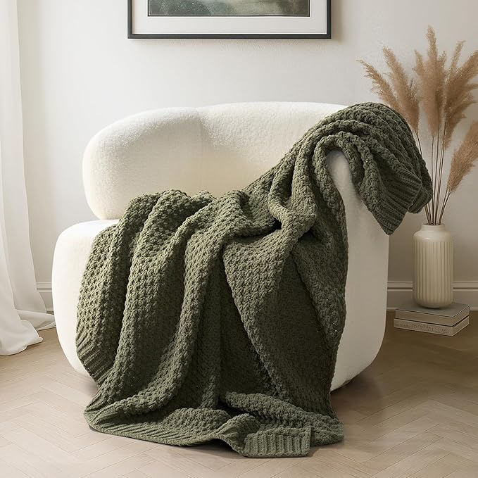 Chunky Chenille Knit Throw Blanket for Couch, Soft Luxurious Moss Stitch Blankets for Bed, Cozy Decorative Farmhouse Knitted Throws for Sofa, Olive Green, 50" x 60"-Ruum Studio Home