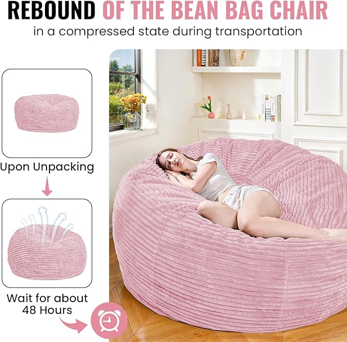 Large Bean Bag Chair, 5FT Giant Beanbag Chairs with Memory Foam Filled, Bean Bag Chairs for Adults, Ultra Soft Lazy Sofa for Living Room Bedroom (Pink)-Ruum Studio Home
