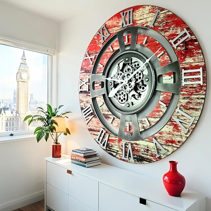 The Gears Clock Real Moving Gear Wall Clock England Line (Red Lava, 36 inches (90 cm))-Ruum Studio Home