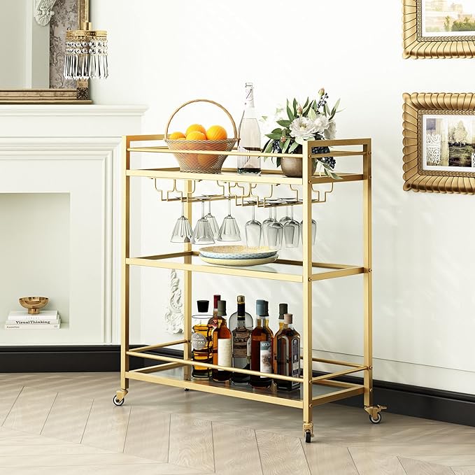 Glass Gold Bar Carts for Home with Hanging Wine Rack - Home Bar Serving Cart with 3 Mirrored Shelves, Kitchen Bar Carts, Wine Cart for Entertaining, Club Party.-Ruum Studio Home