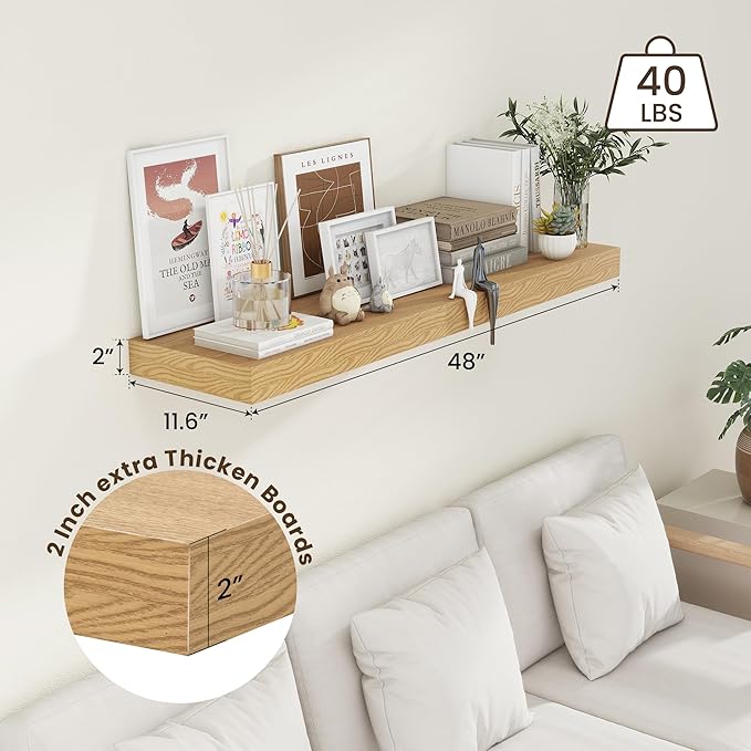 12 Inch Deep Floating Shelves for Wall, 48W x 12D Rustic Oak Wood Floating Shelves, Large Floating Shelves Set of 1 for Living Room Bathroom Laundry Room Bedroom Kitchen Home Office - Oak-Ruum Studio Home