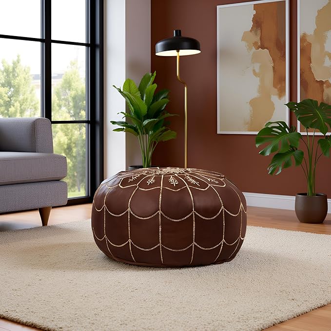 Stuffed Arch Design Moroccan Leather Pouf Ottoman, Handmade, Pre-Filled, 100% Genuine Leather, 14” Height x 22” Diameter – Boho Chic Footstool & Living Room Décor (Brown)-Ruum Studio Home