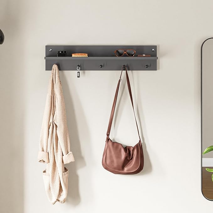 Modern Wall-Mounted Coat Rack with Shelf and Hooks - Wooden Entryway Organizer (Grey)-Ruum Studio Home