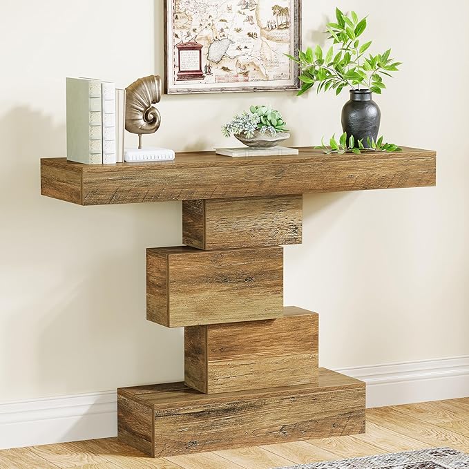 Tribesigns 42.5" Farmhouse Console Table, Narrow Wood Sofa Table Behind Couch with Geometric Base, Industrial Entryway Accent Table for Living Room, Hallway, Entrance (Light Brown)-Ruum Studio Home