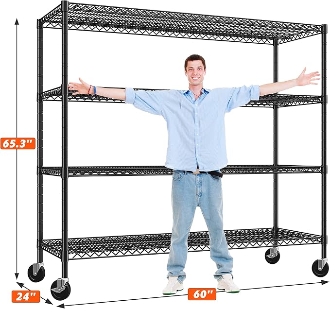 REIBII 60" W ×24" D×65.3" H, 4 Tier Wire Shelving 2878LBS Heavy Duty Steel Storage Rack Shelving Adjustable Shelves for Warehouses, Garages, Kitchens, and Commercial Spaces/Premium Wheels 2 Pack-Ruum Studio Home