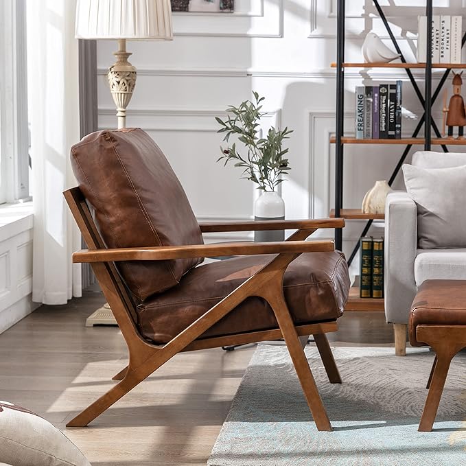 chairus Leather Accent Chair Mid Century Modern Armchair Compfy Upholstered Lounge Arm Chair for Living Room Fireplace/Bedroom/Reception/Dorms, PU Brown-Ruum Studio Home