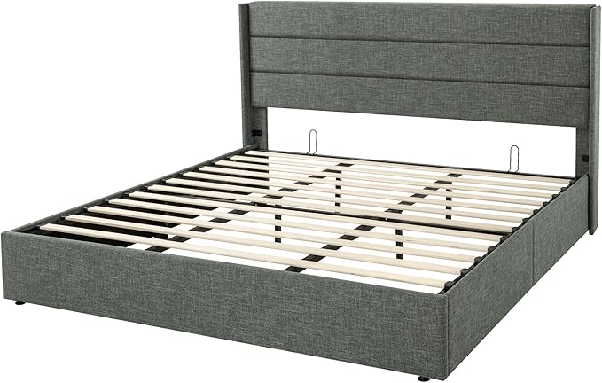 Allewie King Size Lift Up Storage Bed, Modern Wingback Headboard, Hydraulic Support, No Box Spring Needed, Dark Grey-Ruum Studio Home