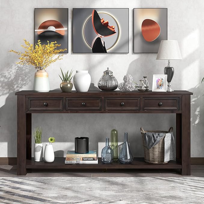 63" Solid Wood Console Table Sofa Table with Storage Drawers and Bottom Shelf,Farmhouse Entryway Table for Hallway Foyer,Sofa Couch Table,Fully Assembled (63" Espresso)-Ruum Studio Home