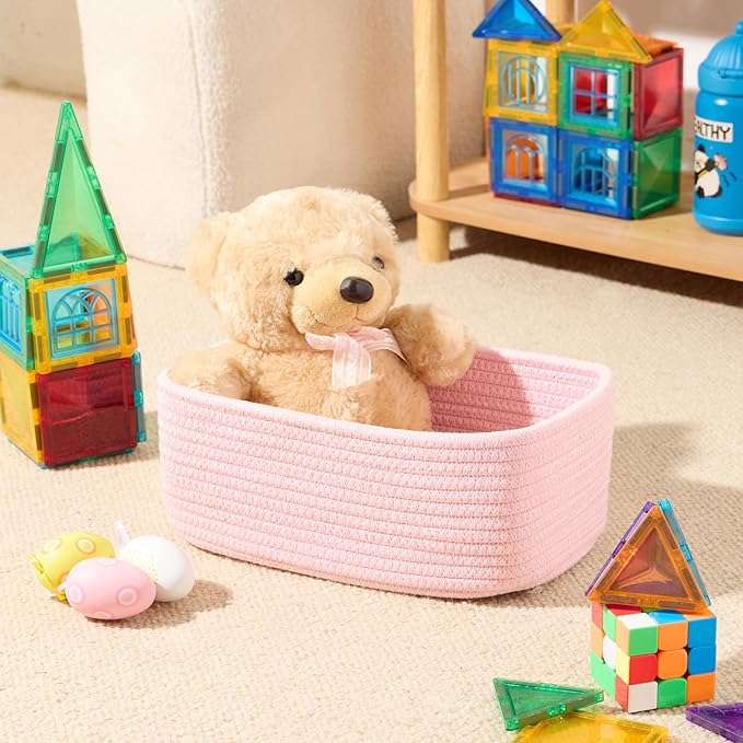 Small Storage Baskets for Organizing | Closet Organizer Bins | Shelf Toy Basket | Woven Rope Baskets | Cube Decorative Box | Shallow Basket | 11.5x7.5x4.7” | 4 Packs Light Pink-Ruum Studio Home