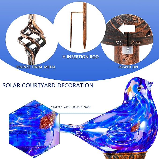 Decorative Solar Lights, Outdoor Solar Bird Stake Lights, Hand Blown Glass Decorative Garden Pathway Lights Outdoor Waterproof Glass Stakes (Dark Blue)-Ruum Studio Home