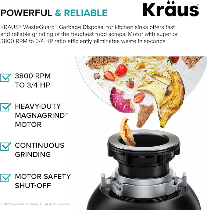 KRAUS WasteGuard 3/4 HP Ultra-Quiet Garbage Disposal with Quick Connect, Kitchen Sink Drain Cover, Power Cord and Flange Included, KWD100-75MBL-Ruum Studio Home