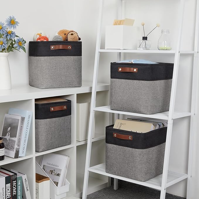DULLEMELO Cube Collapsible Storage Bins, 12 inch Fabric Storage Cubes Bins Canvas Organization Baskets, Linen Closet Organizers Boxes for Home Organization and Storage (4 Pack - 12" Black&Grey)-Ruum Studio Home