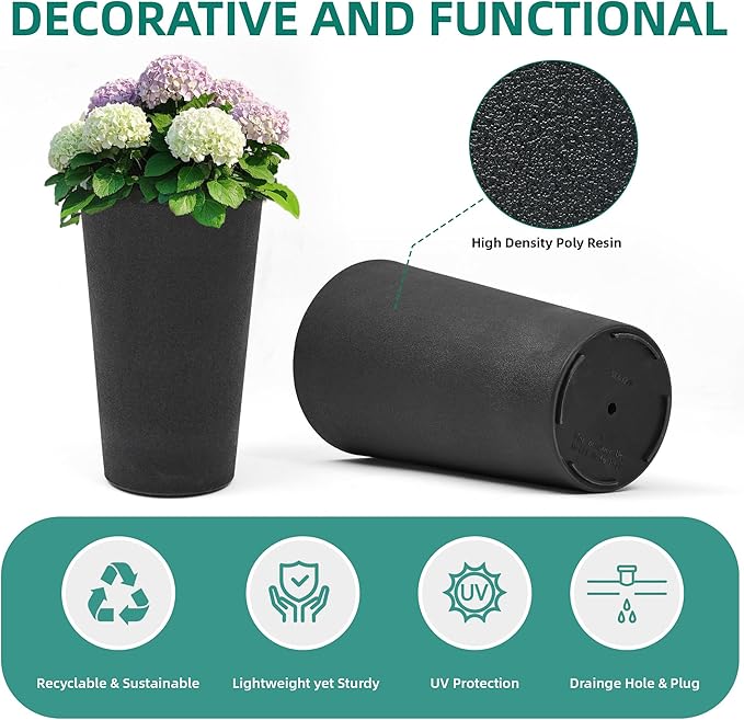 24" Tall Planters for Outdoor Plants, Set of 2 Heavy-Duty Resin Flower Pots, Matte Black Leather Grain Finish, Durable & Weather-Resistant, Ideal for Garden, Patio, Yard, Porch, or Home Use-Ruum Studio Home