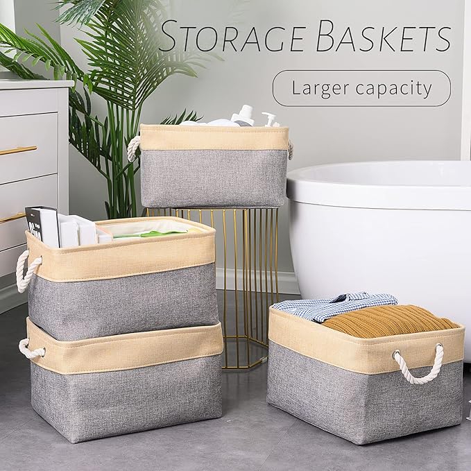 TcaFmac Cube Storage Bin, Storage Baskets for Organizing [4 Pack] Closet Organizers and Storage with Handles(Gold&Grey,15.7" L×11.8" W×8.2" H)-Ruum Studio Home