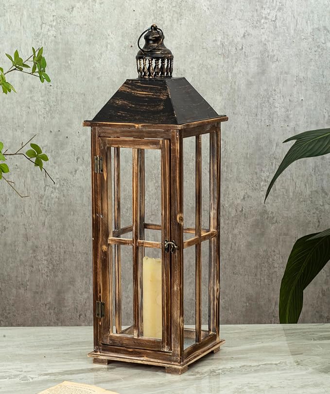 Large Farmhouse Wooden Decorative Lantern Set of 2, Rustic Distressed Brown Burnt Wood Floor Candle Lanterns, Indoor/Outdoor Hanging Lanterns for Home Decor (No Glass)-Ruum Studio Home