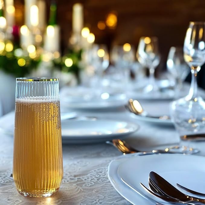 48 Pack Ribbed Ripple Stemless Toasting Glasses, Origami Durable 9 Oz BPA-Free Disposable Plastic Champagne Flutes for Weddings, Bars, Events, and Celebrations (Gold Rim)-Ruum Studio Home
