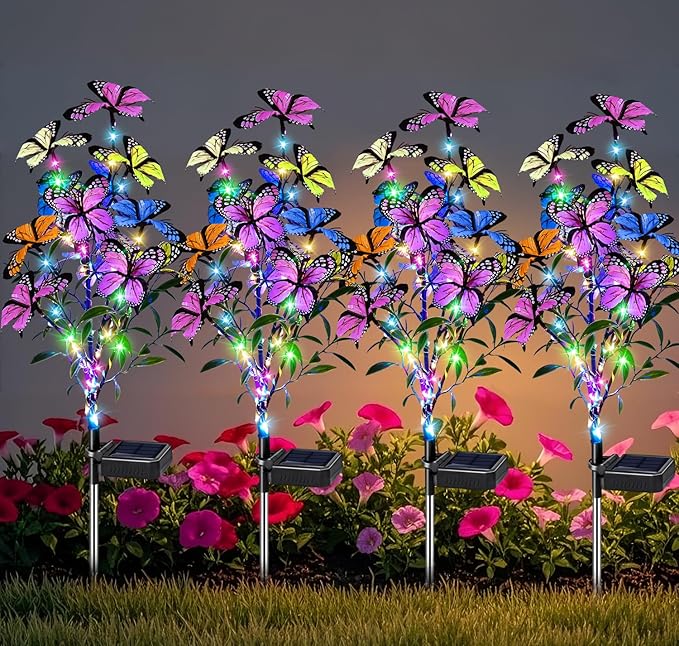 Solar Garden Lights Outdoor Waterproof Garden Decor, 4 Pack Upgraded 240 LED 54 Butterfly Colorful Outdoor Solar Decor for Yard Patio Gifts for Womens Mom (4 Pack Butterfly)-Ruum Studio Home