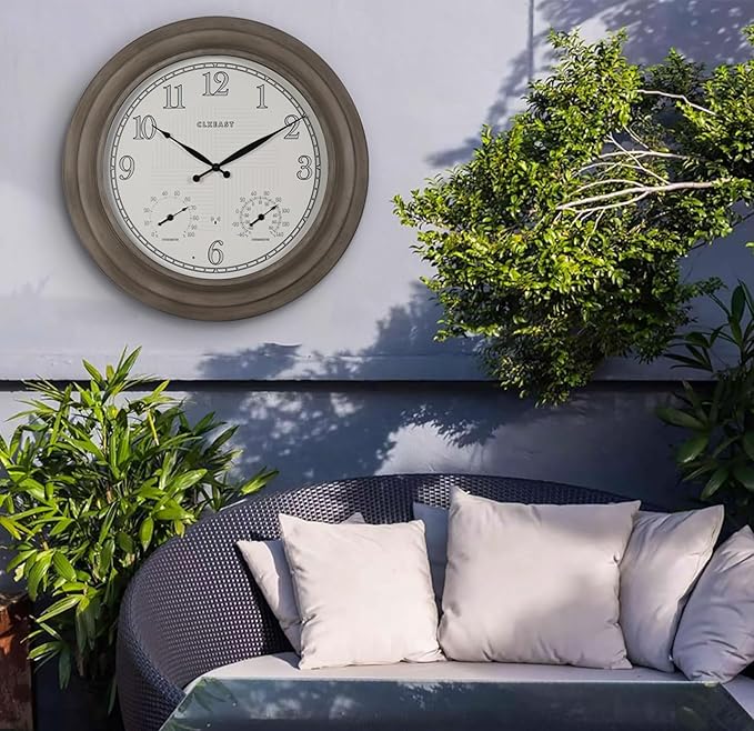 CLXEAST 24 Inch Self-Illuminated in/Outdoor Atomic Wall Clock with Temperature and Humidity, Oversized Large 24 Inch Wall Clocks for Living Room Decor, Brushed Grey Oak Wooden Finish-Ruum Studio Home