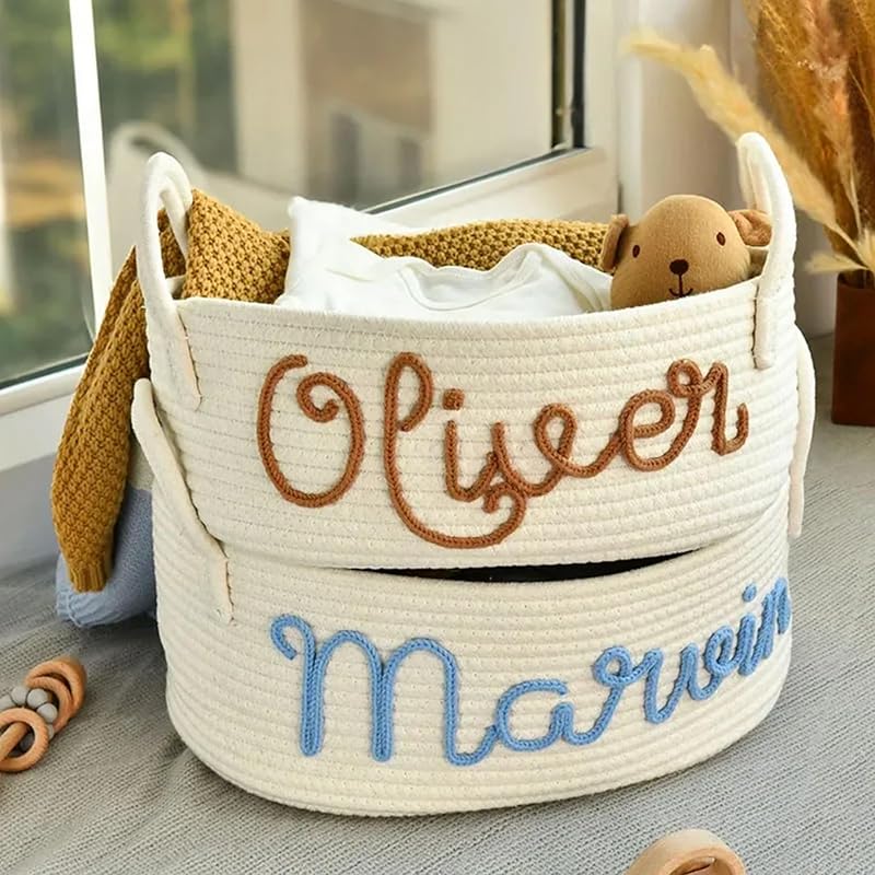 Personalized Baby Name Basket, Custom Woven Baby Shower Gift Basket with Cotton Rope Handle Baby Diaper Nursery Shelf Storage Basket Bin for Kids' Bedroom (Style 4)-Ruum Studio Home