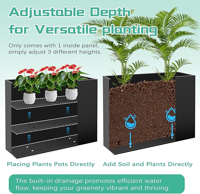 Metal Rectangular Planter Box, Large Planter Boxes Outdoor, 37''L x 13''W x 26''H Heavy Duty Plant Box with Removable Insert Shelf, 3 Tier Adjustable Height Tall Garden Planter for Plants, Flowers-Ruum Studio Home