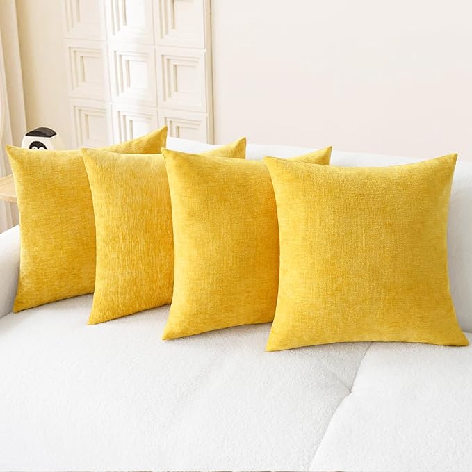 CaliTime Throw Pillow Covers Decorative 18 X 18 Inches Pack of 4 Cozy Chenille Cushion Cases for Couch Sofa Bed Living Room Home Mustard Yellow-Ruum Studio Home
