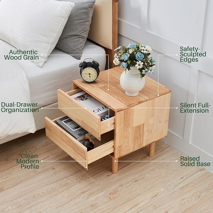Modern Solid Wood Nightstand with Drawers - Mid Century Modern 2 Drawer Natural Wooden Small Narrow Nightstand Bedside Side End Table with Storage for Living Room Bedroom, 15.7" D x 17.1" W x 19.6" H-Ruum Studio Home