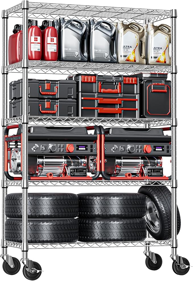 IZEUK 5-Tier Storage Shelving Unit with Wheels, Adjustable Heavy Duty Steel Wire Rack Organizer (Chrome, 17.7" D x 47.2" W x 76.7" H, 1750 lbs Capacity) for Garage, Kitchen, Pantry, Laundry, Basement-Ruum Studio Home