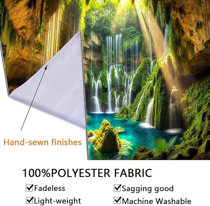 BSFHH Nature Tapestry Forest Tree Sea Cave Wall Hanging, Stream Through Rainforest Landscape Wall Art Tapestry for Bedroom Living room (Cave Waterfall, 110" × 87", Unframed)-Ruum Studio Home