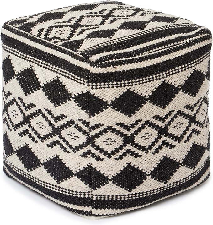 REDEARTH · Tufted Pouf Ottoman with Filler Textured Storage Cube Bean Bag Pouffe Footrest for Living Room, Bedroom, Nursery, Kidsroom; 100% Cotton (17.5"X17.5"X17.5", Linear Diamond Black)-Ruum Studio Home