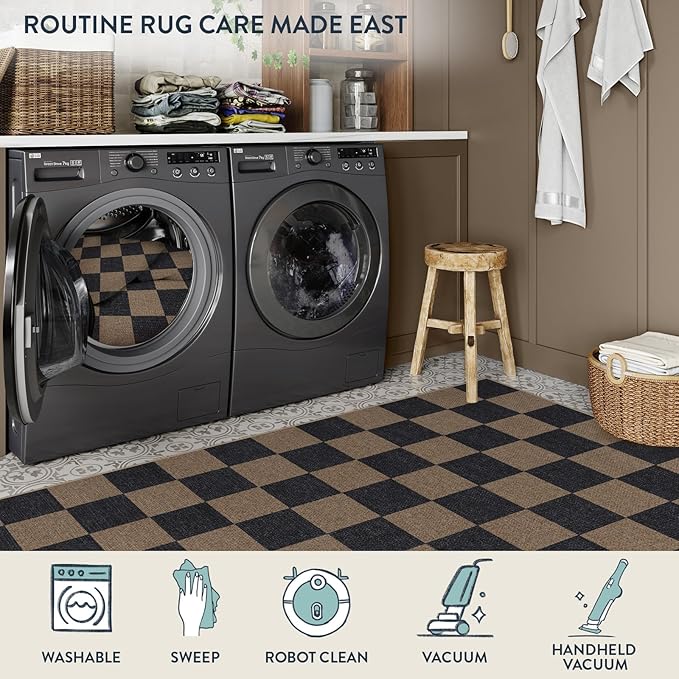 Lahome Checkered Easy Jute 3x5 Rug, Washable Rugs for Living Room Entryway Farmhouse Non Slip Black Outdoor Carpet, Checkerboard Indoor Door Mat for Entry Patio Deck-Ruum Studio Home