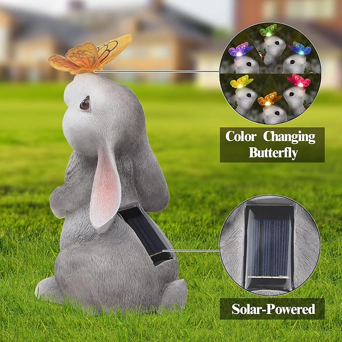 Garden Statue Outdoor Decor-Rabbit with Solar Butterfly Changing Lights Garden Statues,Bunny Statue for Patio,Balcony,Yard,Lawn Ornament,Gardening Gifts for Mom Grandma-Ruum Studio Home