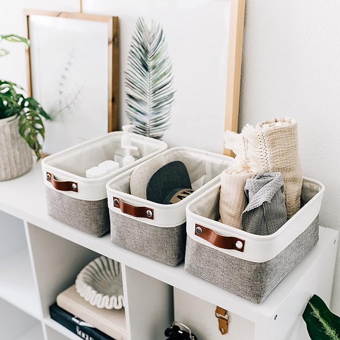OrganiHaus Small Fabric Storage Bins for Shelves 3 Pack, 12x8in Closet Storage Bins for Shelves, Cloth Baskets for Organizing, Linen Closet Organizers, Fabric Basket, Shelf Organizer Bins Gray/White-Ruum Studio Home