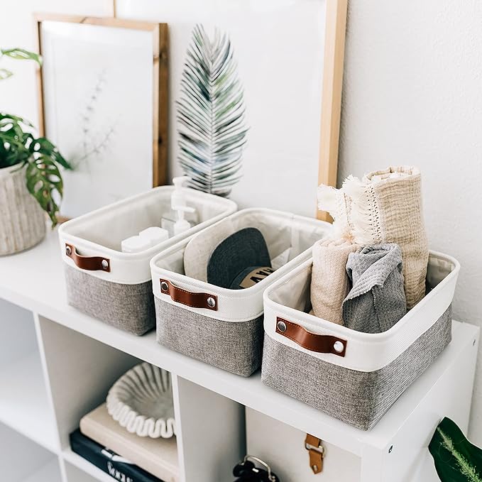 OrganiHaus Small Fabric Storage Bins for Shelves 6 Pack, 12x8in Closet Storage Bins for Shelves, Cloth Baskets for Organizing, Linen Closet Organizers, Fabric Basket, Gray/White-Ruum Studio Home