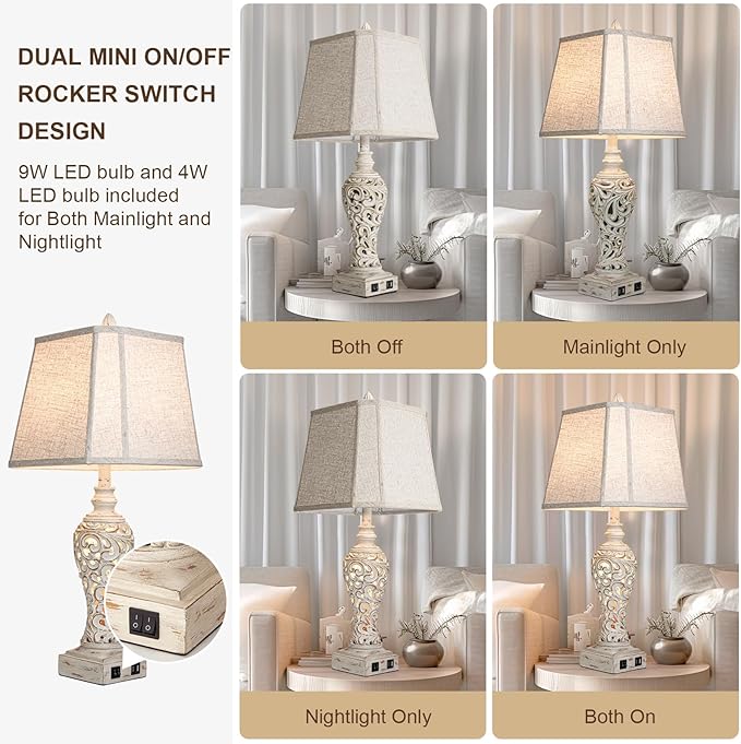 28.5" Table Lamps Set of 2 - Bedside Lamp with Fabric Shades - for Bedroom and Living Room with USB and Nightlight - Perfect for Nightstands and Bedrooms-Ruum Studio Home