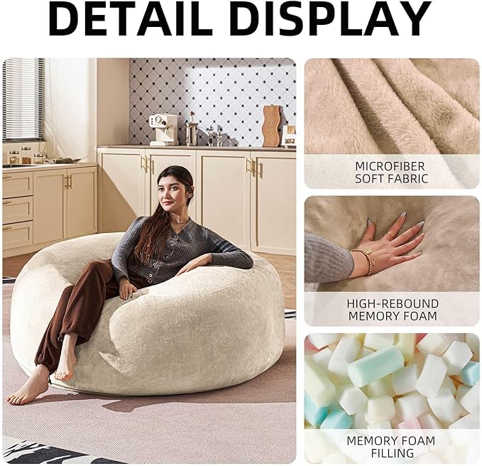 Bean Bag Chair 5Ft, Memory Foam Filled, Large Beanbag Chairs for Adults and Teens, Soft Sofa with Removable Flannel Cover, Round Couch for Living Room Bedroom College Dorm (Apricot, 5FT-60×60"×24")-Ruum Studio Home