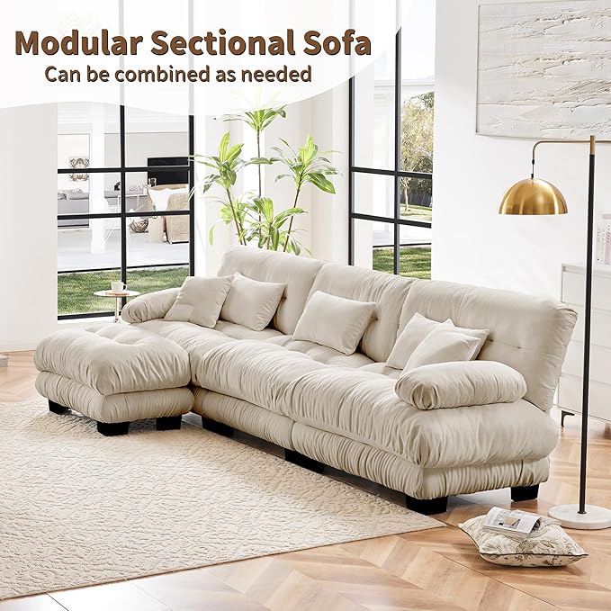 L Shaped Couch Sectional Couch, 3-Seater Cloud Couch Sectional Oversized Couch, Sofa Bed Couch with Round Bolster Armrests 5 Pillows, Modular Couch Home Sofa Living Room Couch-Ruum Studio Home