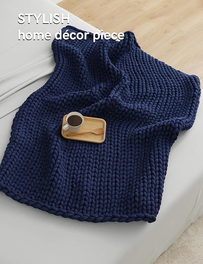 YnM Chunky Throw Blanket, Medium-Weight, Hand Knitted, Skin Friendly, Ventilated and Breathable, Machine Washable, Home Décor Piece for Couch, Sofa and Bed (Indigo Blue, 40x50 Inch)-Ruum Studio Home