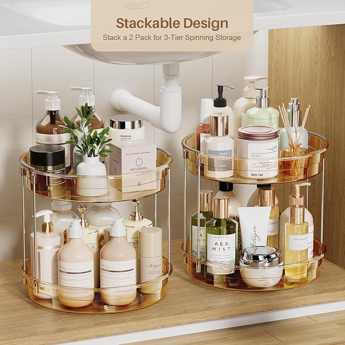 LAMU 2 Pack 2 Tier Lazy Susan Turntable Organizer 12'' Rotating Spice Rack Organization for Cabinet, Kitchen, Pantry, Countertop, Bathroom, Vanity, Medicine Cabinet Organizer, Amber-Ruum Studio Home