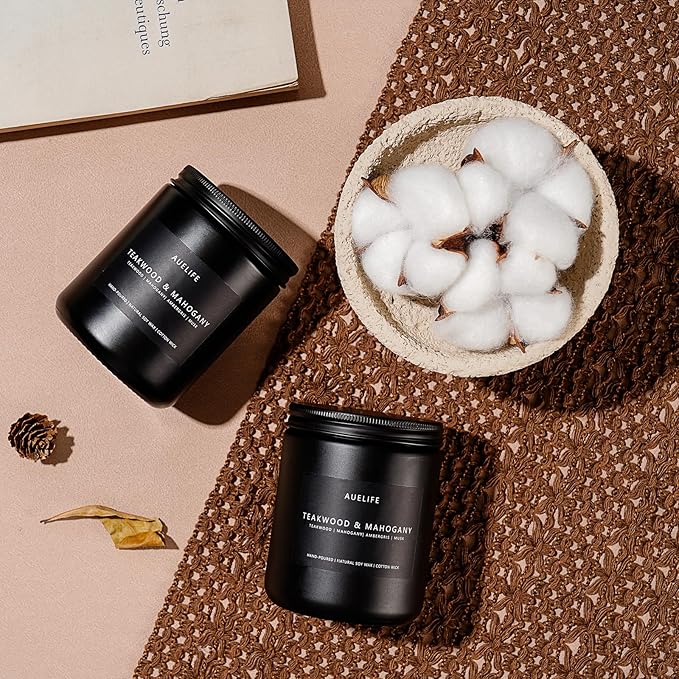 2 Pack Teakwood & Mahogany Candle | Scented Candles for Men, Man Gifts for Men - Masculine Candles - Soy Candle for Home Scented - 7oz Black Jar, Long Lasting-Ruum Studio Home