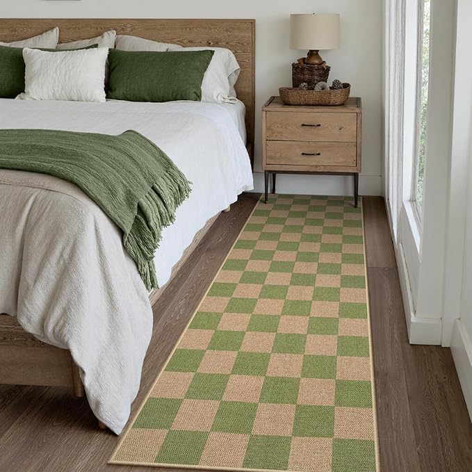 Lahome Checkered Entryway Runner Rug, 2x8 Green Washable Rug Runners for Hallway Non Slip, Farmhouse Indoor Outdoor Non Shedding Kitchen Mats for Floor Porch Balcony-Ruum Studio Home