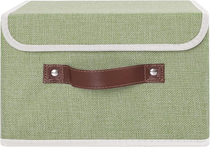 ANMINY Storage Bin with Lid Storage Boxes with PU Leather Handles PP Plastic Board Decorative Foldable Lidded Cotton Linen Fabric Home Cubes Baskets Closet Organizer Container - Green, Small Size-Ruum Studio Home