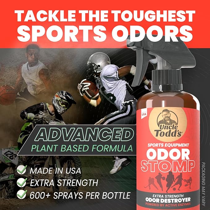 Uncle Todd’s Odor Stomp Sports Equipment Odor Eliminator Spray - Extra Strength Enzyme-Powered Deodorizer for Football, Hockey, Gym Bags, and Athletic Gear - Bamboo Blitz Scent - 16 oz-Ruum Studio Home