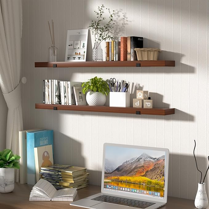 CONSDAN Floating Shelves for Wall Mounted Book Shelf Hanging Shelves Floating Bookshelf for Bedroom, Bathroom, Living Room, Kitchen USA Grown Solid Hardwood, Dark Maple 16x7.5x1.5 in (Set of 3)-Ruum Studio Home