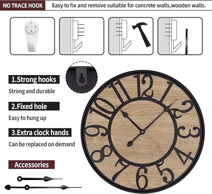 Large Wall Clock for Living Room Decor - Non-Ticking, Battery Operated Modern Vintage Wood Clock for Bedroom, Kitchen, Farmhouse, Office - Oversized Decorative Silent Clock-Ruum Studio Home
