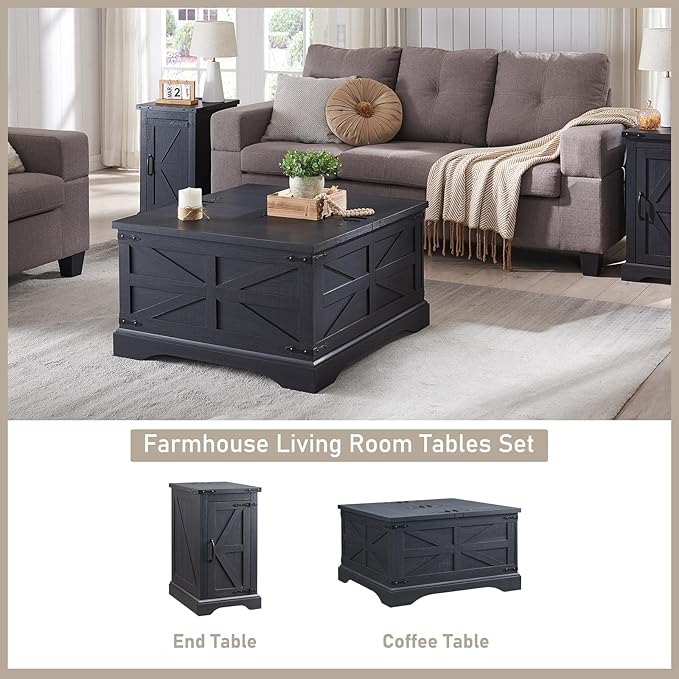 JXQTLINGMU Farmhouse Nightstand Set of 2 with Charging Station, 17" D Rectangular End Table with Barn Door & Adjustable Storage Shelf, Wood Rustic Sofa Side Table for Living Room, Bedroom, Black-Ruum Studio Home