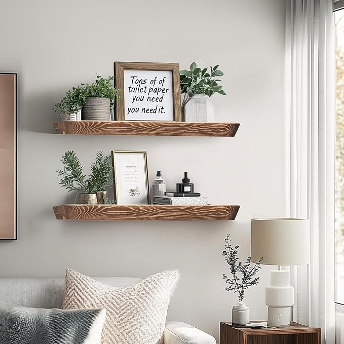 24"x6.8"x1.6" Slanted Floating Wall Shelves 2-Pack - Rustic Brown Finish, Heavy-Duty Solid Wood Design with Hidden Brackets - Perfect for Living Room, Kitchen, Bathroom, or Office-Ruum Studio Home