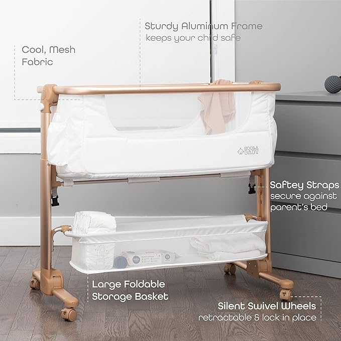 KoolerThings Baby Bassinet, Bedside Sleeper for Baby, Easy Folding Portable Crib with Storage Basket for Newborn, Bedside Bassinet, Comfy Mattress/Travel Bag Included (Bassinet) (White & Gold)-Ruum Studio Home