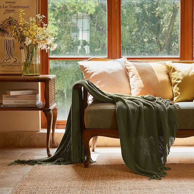 lifein Throw Blanket for Couch, Soft Green Boho Decor Bed Throw,Cozy Knitted Chenille Farmhouse Lightweight Throw for Spring(Olive Green,60 * 80")-Ruum Studio Home