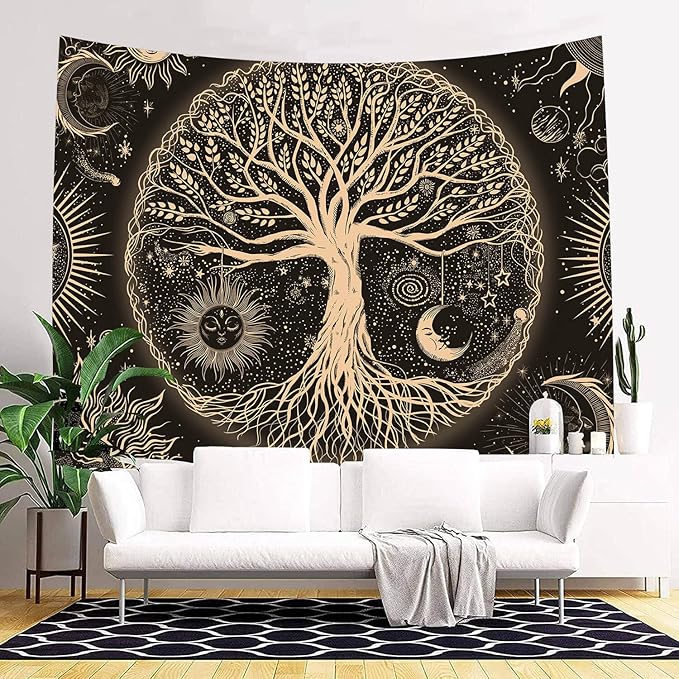 FORATER Tree of Life Tapestry Wall Hanging Sun Moon Stars Tapestries Aesthetic Galaxy Wall Tapestry Nature Home Decoration for Living Room Bedroom(36 x 48 Inch, Black and Gold)-Ruum Studio Home